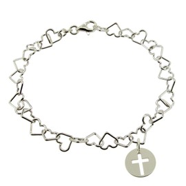 Christopher James of London CJoL - Sterling Silver Ladies 10" (25.4cm) Heart Link Charm Anklet With Cross Charm In Gift Box - 5.7g