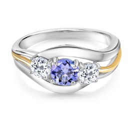 Gem Stone King 925 Sterling Silver and 10K Yellow Gold Round Blue Tanzanite and White Topaz 3 Stone Ring For Women (1.12 Cttw, Round 5MM and 4MM, Available In Size 5, 6, 7, 8, 9)