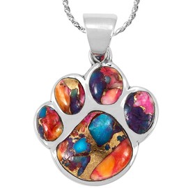 Turquoise Network Dog Paw Necklace Pendant 925 Sterling Silver Genuine Gemstones (with 20" Chain) (Rainbow Spiny)