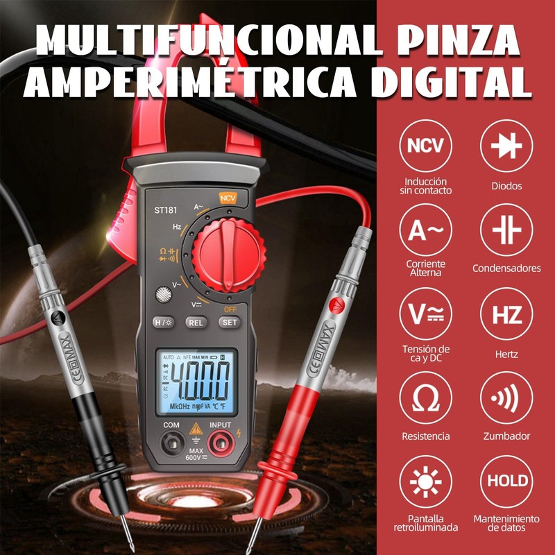 Multimetro Digital de Gancho, Pinza Amperimetrica de 4000 Unidades con