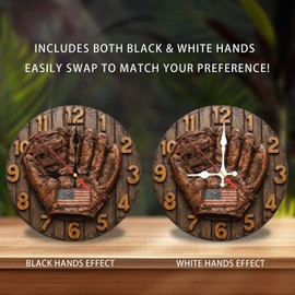 Lancholy Vintage Baseball Glove Wall Clock American Flag Decor 10-Inch Wooden Wall Clock, Silent Movement, Battery Operated (AA Batteries Not Included), Artistic Home Decor, Perfect for Home Accents