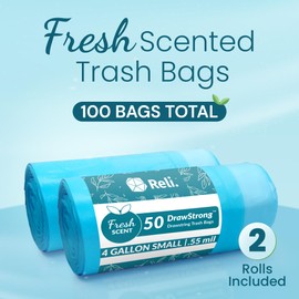 Reli. 4 Gallon Trash Bags Drawstring (100 Count) | Fresh Scented Small Trash Bags for Bathroom Can | 2 Gal - 3 Gallon - 4 Gal Small Trashcan Liners (Blue)