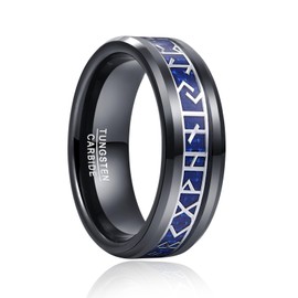 TUNGSTORY Viking Ring Men's 8 mm Tungsten Silver Ring with Wood/Blue Carbon Fibre Viking Jewellery Men's Wedding Ring, Synthetic fibre