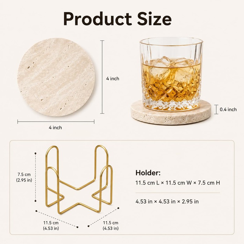 Travertine Coasters with Gold Holder, Set of 4 Natural Stone,