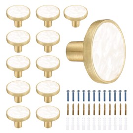 Kyrio 16pc Marble Brass Drawer Knobs, 32mm Cabinet Handle Pulls, Shell Brass Gold Cupboard and Dresser Knobs for Kitchen Furniture and Clothes Hooks (Pearl White)