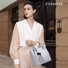 FANDARE Fashion Women's Handbags Waterproof Bucket Bag Shoulder Bags Shoulder Bags 3-Piece Set Handbag with Fringes PU Leather Chain Messenger Bag for Travel Shopping Work, lightgrey, Bag