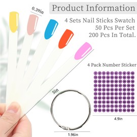 BQAN 200 Pcs Nail Swatch Sticks with Ring, Nails Art Display Nail Swatch Sticks | Nail Practice Sticks for Home or Salon Use, 4 Pack Number Stickers