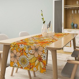 Floral Table Runner Retro 70s Hippie Daisy Flower Peace Love Birthday Party Retro Kitchen Dinning Home Decoration 13x108 Inch