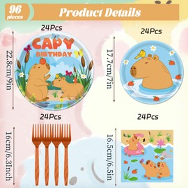 Lovarywow Cute Capybara Birthday Decorations - 96PCS Capybara Birthday Party Plates and Napkins Forks Disposable Tableware Set Capy Animals Themed Baby Shower Party Supplies Decor Decoration Serve 24