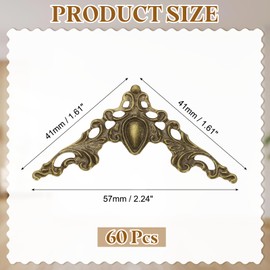 uxcell 60Pcs Vintage Flat Corner Bracket, 1.6" x 1.6" Metal Desk Book Corner Protectors Hollow Decorative Edge Cover for Furniture Jewelry Box Gifts Box, Bronze