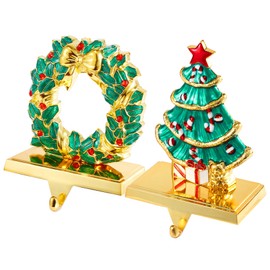 Christmas Tree Stocking Holders for Mantel ,Christmas Wreath Stocking Hangers for Fireplace Mantel Weighted Stocking Hooks Metal Tree Stocking Holder Stand for Christmas Decoration (Gold Tree Set)