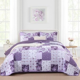 Anibedding 3Pieces Floral Patchwork Quilts Queen Size, Purple Flower Plaid Bedspreads with Double Pillowcases for All Season