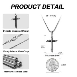 murtoo Cross Necklace for Men, Stainless Steel Embossed Cross Pendant Necklace with Twist Rope Chain Wheat Chain, Cross Necklace Men