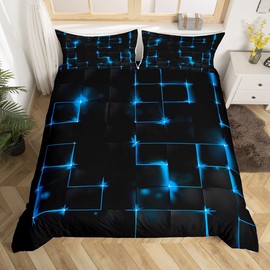Abstract King Duvet Cover Set, 3D Modern Plaid Square Grid Geometry Comforter Cover with 2 Pillowcases, Blue and Black Neon Light Lines Geometric Breathable Polyester Bedding Set for Kids Boys