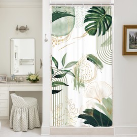 Mitpok Small Stall Boho Shower Curtain 36Wx72H RV Sage Green Modern Mid Century Bohemian Abstract Palm Leaves Tropical Bathroom Decor Half Narrow Standing Bath Curtain Fabric Polyester 7 Pack Hooks