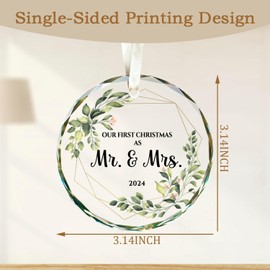 Sirjiera First Christmas Married Ornament, Wedding Gifts for Couples, 2024 Mr. and Mrs. Gifts for Newly Couples, Bridal Shower Gifts for Couples, Eucalyptus Leaf Decorations Round Acrylic Keepsake