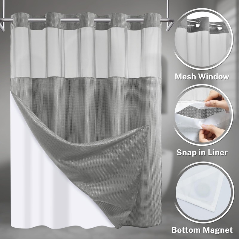 SORTTO No Hook Shower Curtain with Snap in Liner Set