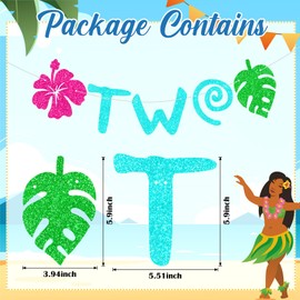 Conelist 2pcs Tropical Hawaiian 2nd Birthday Banner with Candle Party Decorations Glitter Palm Leaf Flower for Tropical Luau Summer Party Baby Shower Carnivals Decor