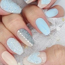 Blue Pink Pixie Heart Handmade Nail Tips - Coffin Egg / 블루 핑크 픽시하트수제네일팁 - 코핀에그