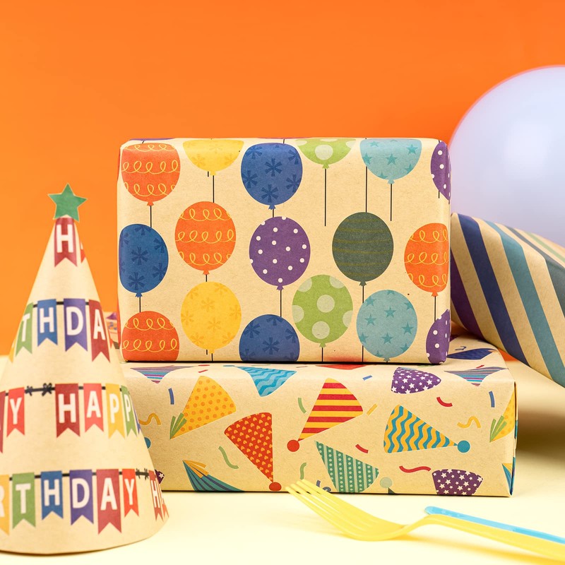 RUSPEPA Kraft Wrapping Paper Sheets - Happy Birthday Design -