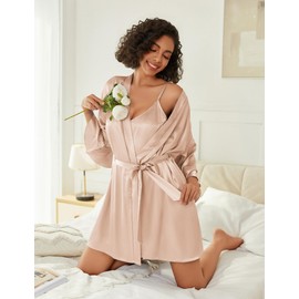 Ekouaer Women's Silk Robe Set V-neck 2 Piece Bridal Party Robes and Satin Bathrobe Set with Pockets (Beige, Medium)