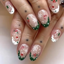 Christmas Press on Nails Medium Oval Fake Nails French Tip False Nails With Snowflake Candy Xmas Tree Santa Hat Designs Full Cover Stick on Nails Acrylic Winter Artificial Nails for Women Girls 24Pcs