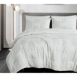 Chezmoi Collection Lorraine White Clip Jacquard Geometric Comforter Set, King - 3-Piece Striped Pattern Waffle Textured Lightweight Bedding