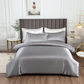 Morbuy Silk Satin Double Duvet Cover with 2 Pillowcases, Grey Bedding Set Easy Care Duvet Cover Set with Zipper Closure - Luxury Ultra Soft Quilt Cover 3 Piece - 200x200cm