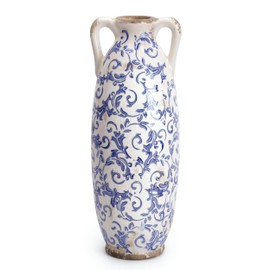VICTOR & TERESA Blue and White Floor Vase for Pampas Grass, 11'' Tall Vase for Home Decor, Ceramic Farmhouse Decorative Large Vases for Flower, Mantel, Living Room, Shelf, Centerpieces, Gift for Mom