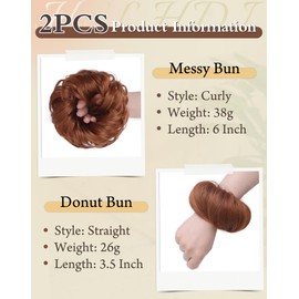 HSLHDI 2PCS Messy Bun Hair Piece-Large Wavy Curly & Donut Updo Hair Pieces Set, Scrunchies Synthetic Chignon Ponytail Extensions Thick Updo for Women(Auburn)
