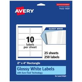 Avery Rectangle Labels with Sure Feed, 2" x 4", 250 Glossy White Labels (36467)