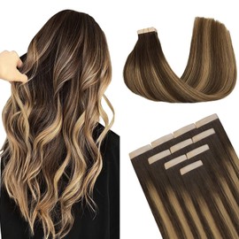 DOORES Tape in Hair Extensions Human Hair, Balayage Chocolate Brown to Caramel Blonde 18 Inch 25g 10pcs, Hair Extensions Tape in Seamless Straight Real Remy Hair