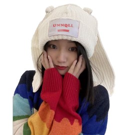 UNNQLL Cute Hats Crochet Knitted Beanie Warm Snow Ski Bunny Long Ears Caps Cosplay Party Headwear Girls Women(White Bunny)