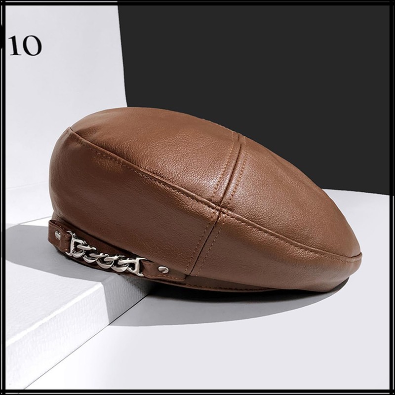 White Fang CZ336 Beret Leather Chain, Simple, Rock Hat, For