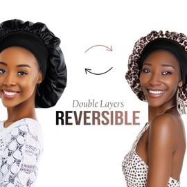 Funky Junque Reversible Satin Bonnet - Black/Leopard