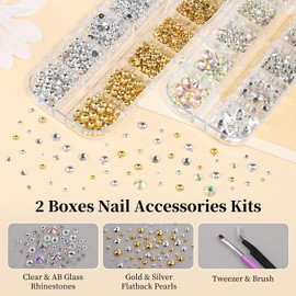 2 Boxes Flatback Pearls and Glass Rhinestones with Tweezers and Brush Kit, 1.5-6mm Clear & AB Flatback Crystal Gems, 0.8-3mm Gold Silver Small Caviar Beads Balls for Face Makeup Manicure Crafts(6-K2)