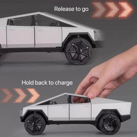 LAEKIY Cybertruck Toy Metal Car Model with Trailer Motorcycle, Cyber Truck 1/32 Diecast Pull Back Pickup Model with Light and Sound, Silver