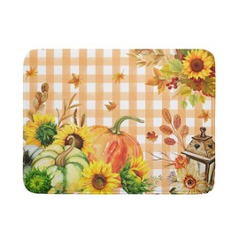 Autumn Maple Leaf Orange White Check Plaids Dish Drying Mat for Kitchen Counter,Fall Sunflower Pumpkin Drying Mat 18 x 24 Inch with Absorbent Reversible Microfiber Dish Drying Pad for Coffee Bar