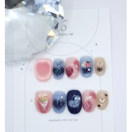 Handmade nail tips -  Fluffy, heart package  - Short square / 수제네일팁 -  두둥실, 하트꾸러미  - 숏 스퀘어