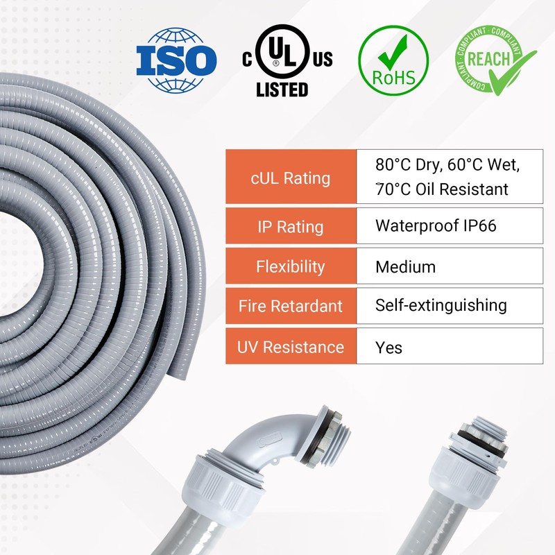 Neorexon 1/2" Liquid-Tight PVC Conduit Kit, 100ft with 10 Connectors,
