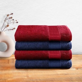 Wakefit Large Bath Towel Set, 4 Pack (27 x 55 Inches) 100% Cotton, Lightweight, Highly Absorbent, Quick Drying, Premium Towels for Hotel, Spa and Bathroom (Chilli Pepper, Navy Blue)