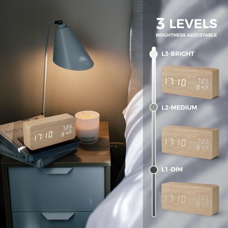 Virklyee Wooden Digital Cube Alarm Clock with LED Temperature Display,