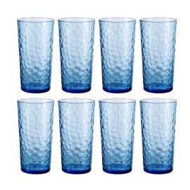 ZAINCA 24-ounce Plastic Tumblers, Acrylic Drinking Glasses High-Balls, set of 8 Blue, Reusable Plastic Cups, Hammered Style Stackable, BPA-Free, Shatter-Proof, Dishwasher-Safe