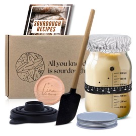 34 Oz Sourdough Starter Jar | Sourdough Starter Kit | Wide Mouth Sour Dough Kit with a Wooden & Aluminum Lid, Spatula, and Funnel | Sour Dough Jar for Beginners and Pros