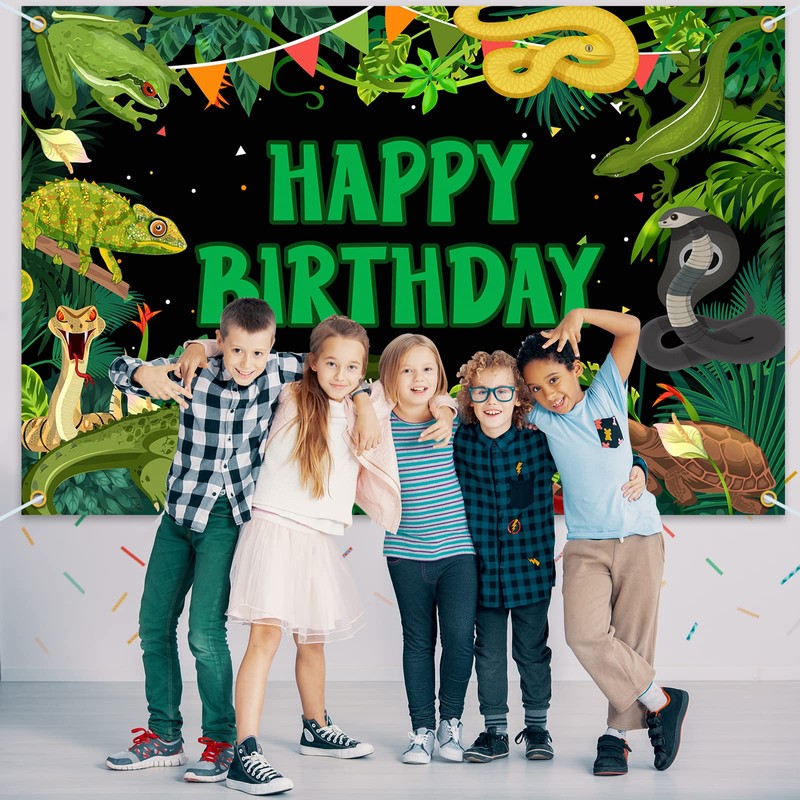 Reptile Swamp Birthday Backdrop Banner Decor Green - Lizard Snake