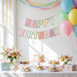 Macaron Happy Birthday Banner, Pastel Rainbow Birthday Decorations Garland, DIY Assemble Hanging Banner for Macaron Theme Party, Baby Shower, Tea Party, Bridal Shower Backdrop