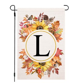 Fall Monogram Letter L Garden Flag Maple Leaves Sunflower Pumpkin 12x18 Inch Double Sided for Outside Family Last Name Initial Yard Flag Seasonal Outside Decoration