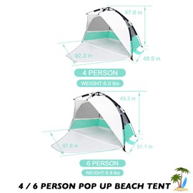 MANSADER Easy Pop Up Beach Tent for 3-4 People, Automatic Setup Beach Shelter with UPF 50+ and 3 Ventilation Windows, Portable Shade Tent with Extended Floor for Family Camping Fishing Hiking, Green