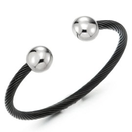 Elastic Adjustable Magnetic Mens Stainless Steel Twisted Cable Bangle Bracelet Silver Black Polished(CA)