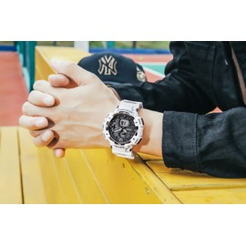 SMAEL Men's Watches Sports Outdoor Waterproof Military Digital Analog Wrist Watch Alarm Date Multifunction Dual Display LED Stopwatch 8045 White Men's Watches